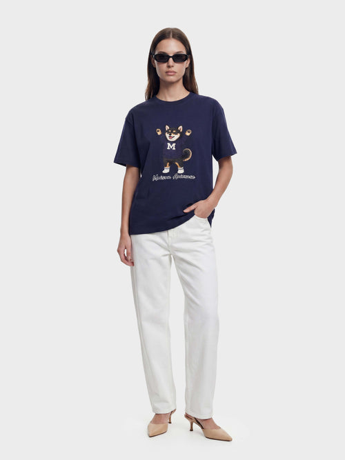 Unisex Cotton T-Shirt - Black & Tan Shiba Inu Illustration