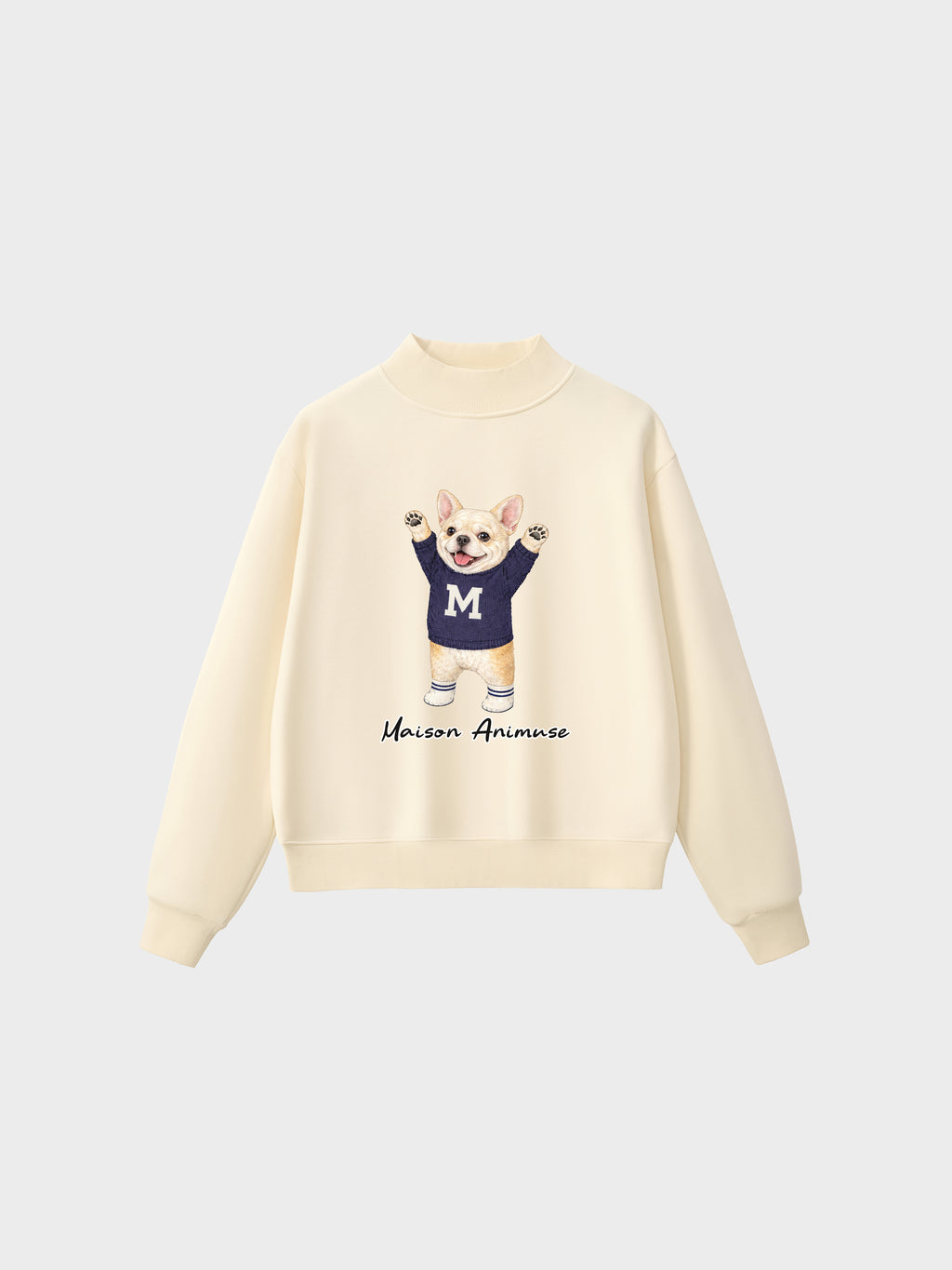 Fleece Mid-Neck Sweatshirt - Cream French Bulldog