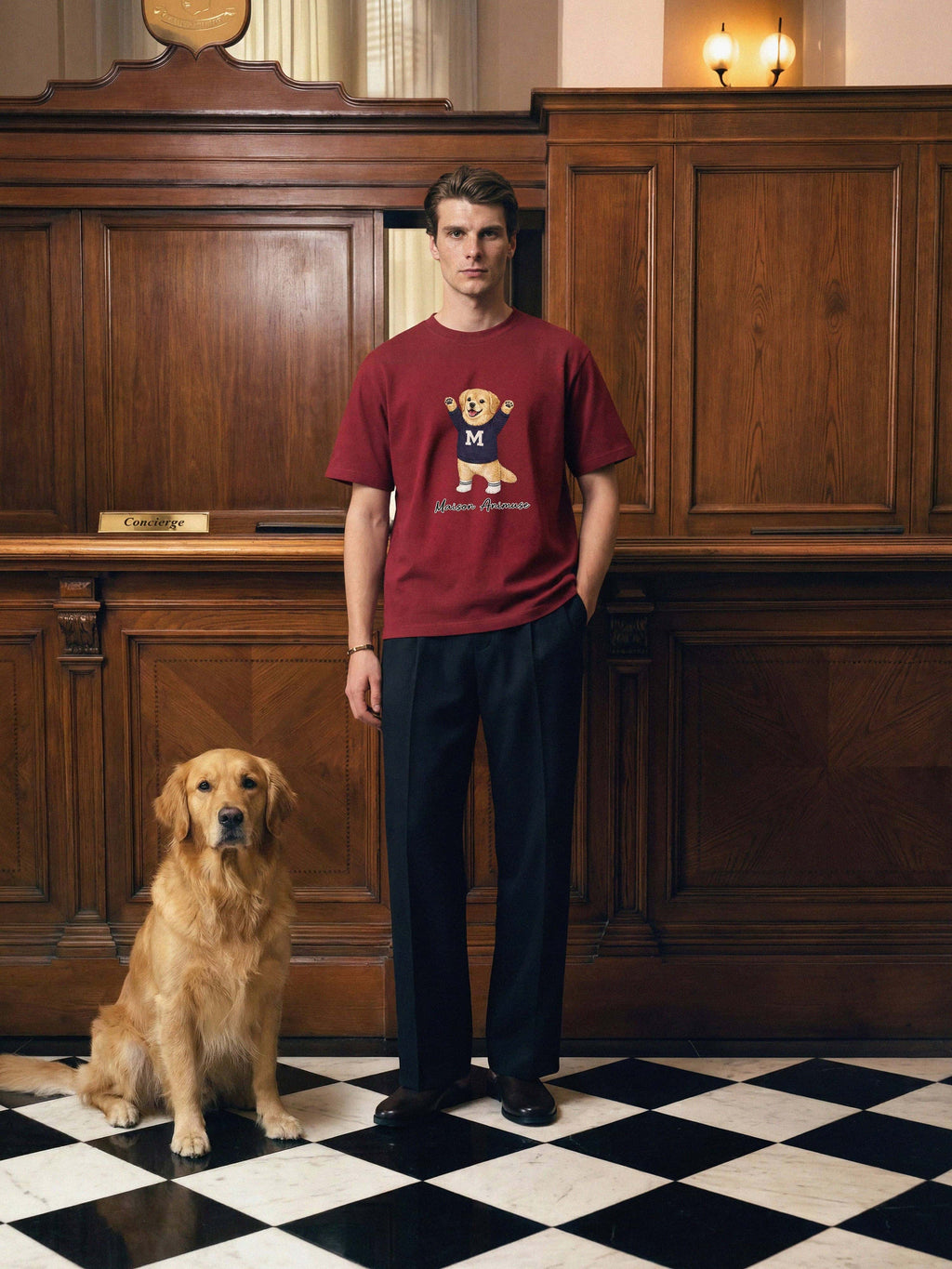 Man in a red shirt with a dog logo standing next to a dog in a formal setting.