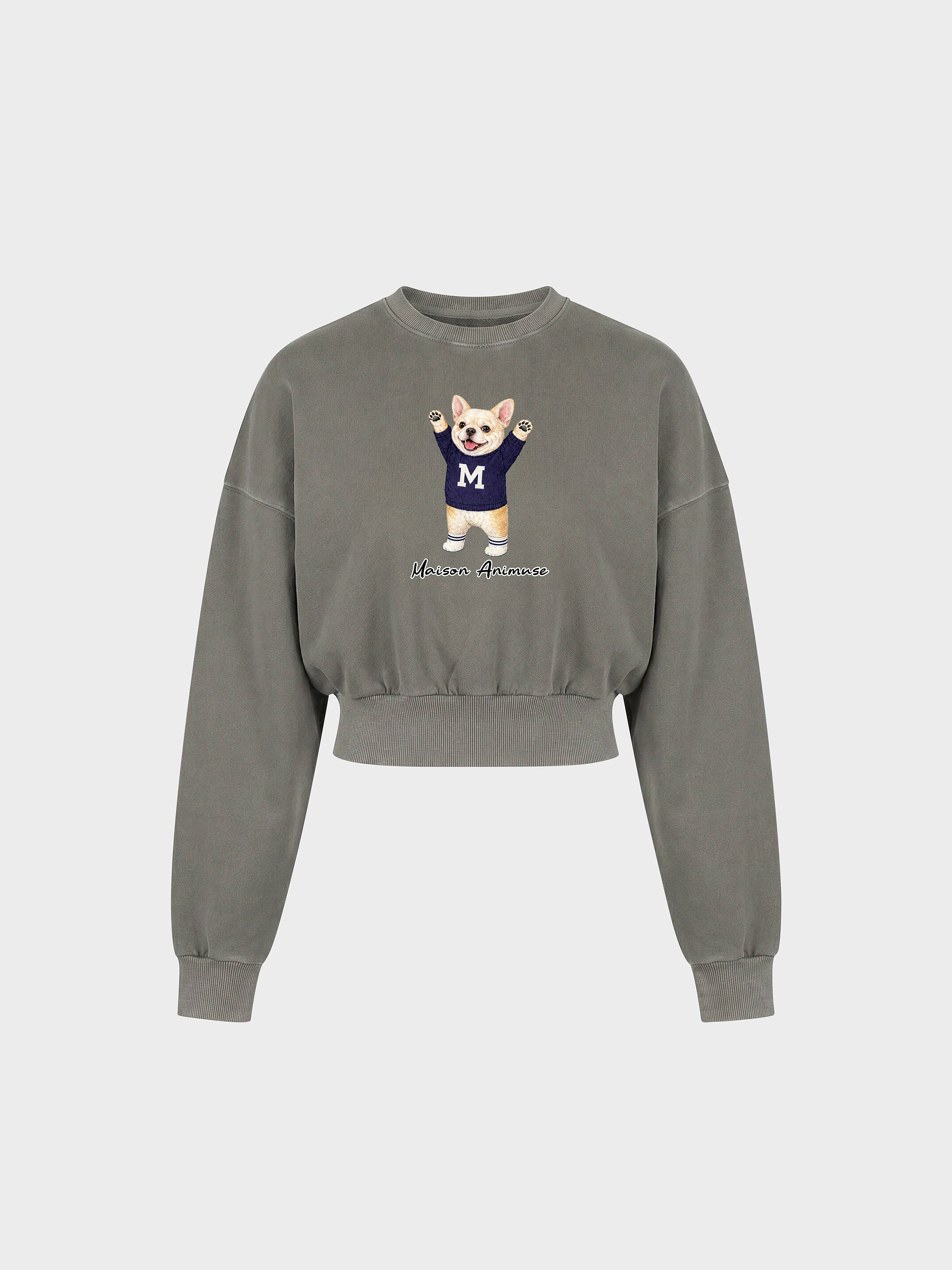 Womens Cotton Blend Cropped Crewneck Sweatshirt - Cream French Bulldog