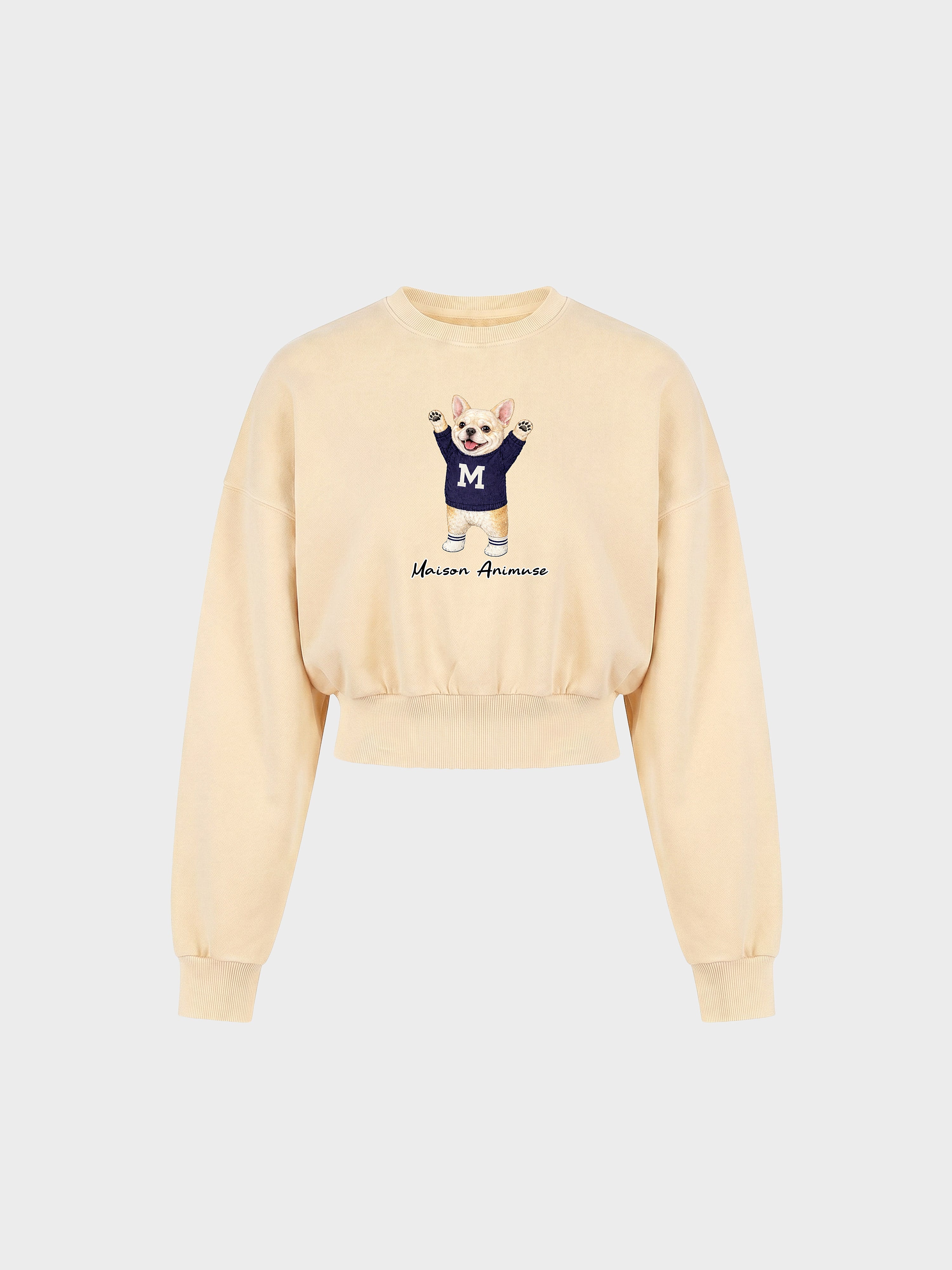 Womens Cotton Blend Cropped Crewneck Sweatshirt - Cream French Bulldog